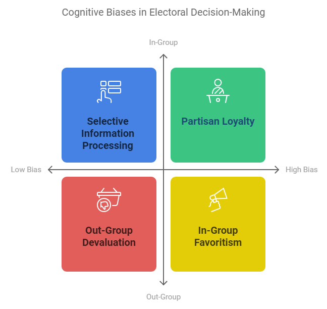 Matrix showing cognitive biases in electoral decision-making, including in-group favoritism, out-group devaluation, and partisan loyalty.