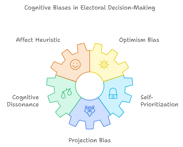 Wheel chart depicting cognitive biases in electoral decision-making, including affect heuristic, optimism bias, and projection bias.