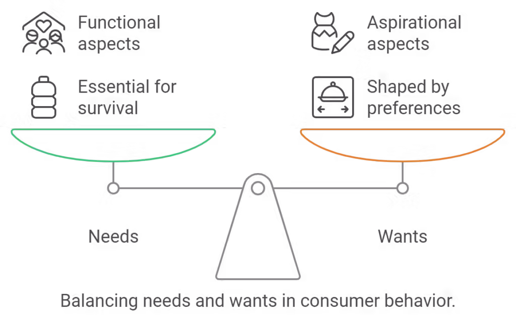A balanced scale showing functional aspects representing needs and aspirational aspects representing wants in consumer behavior.