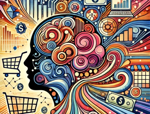 Artistic Depiction of the Psychology of Consumer Behavior Abstract illustration showing a human head filled with brain patterns, shopping carts, money, and data charts, representing consumer decision-making.