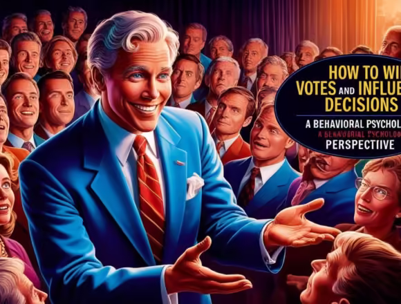 How to win votes and influence decisions Charismatic political candidate addressing a crowd, with the title "How to Win Votes and Influence Decisions - A Behavioral Psychology Perspective."
