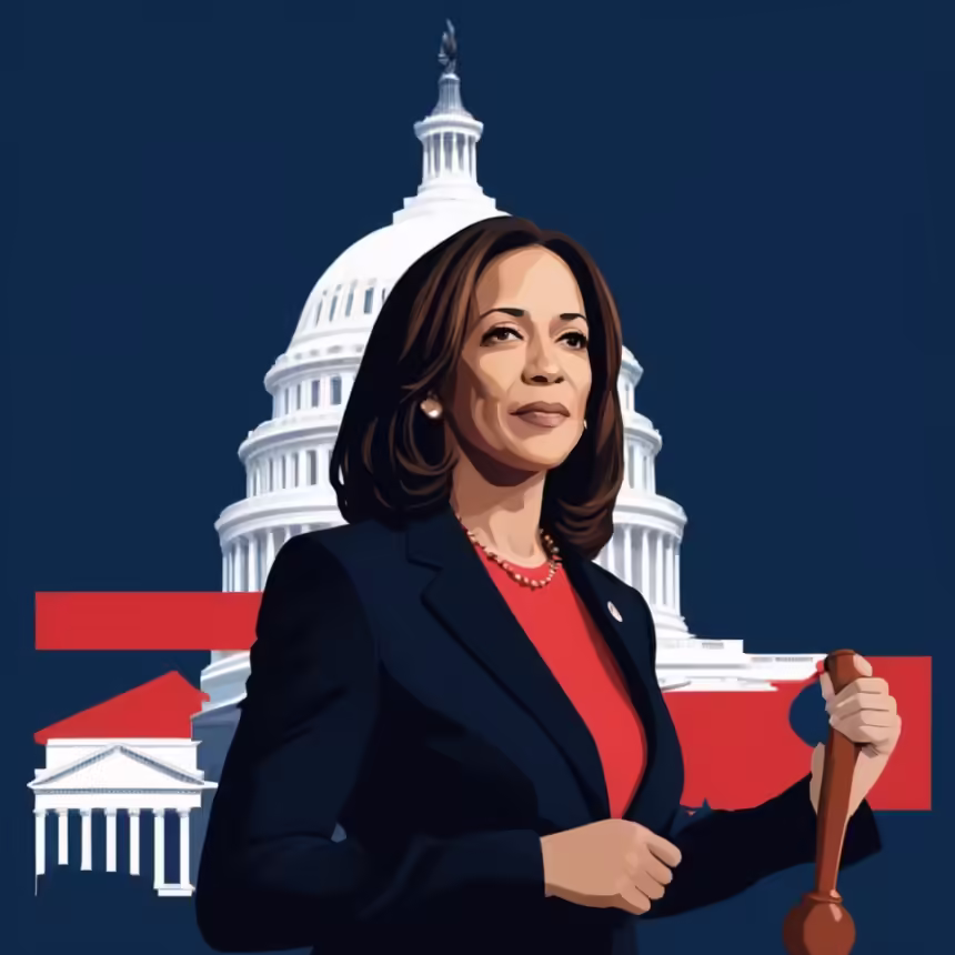 Kamala Harris holding a gavel with the Capitol building behind her.