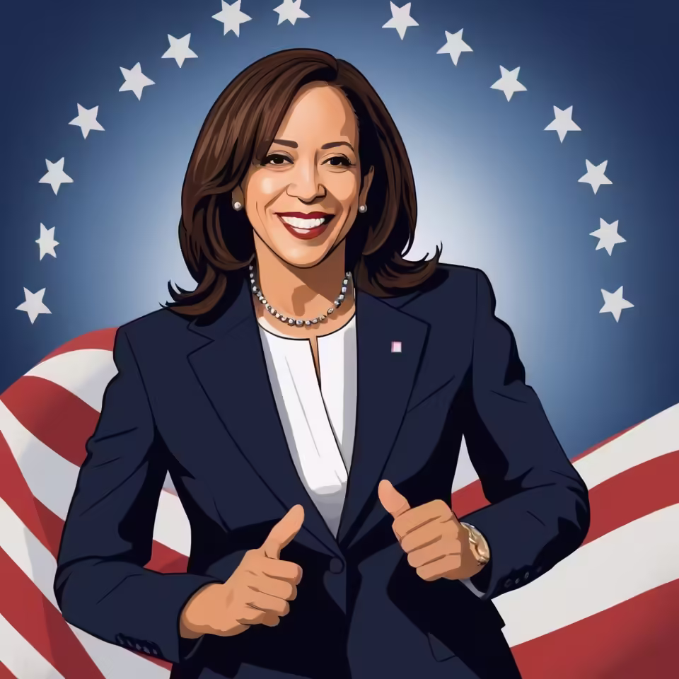 Kamala Harris in front of the American flag, smiling confidently.