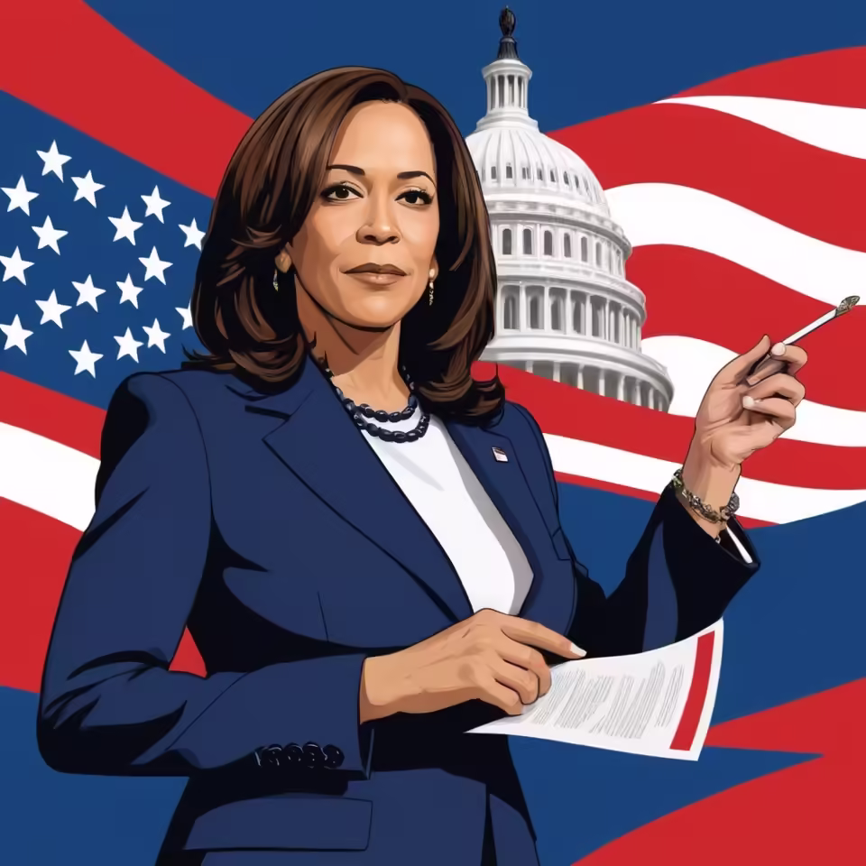 Kamala Harris with the Capitol building and American flag in the background.