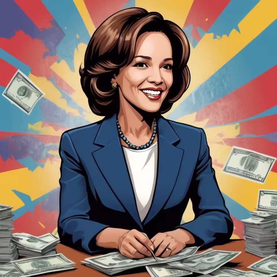 Kamala Harris smiling with stacks of money and colorful background.
