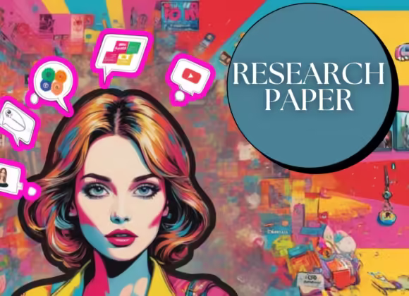 Illustration of a woman surrounded by social media icons, representing a research paper on consumer behavior.