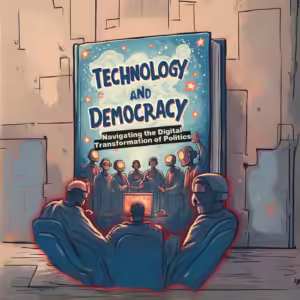 Book cover depicting the relationship between technology and democracy, with futuristic figures engaging in digital discussions