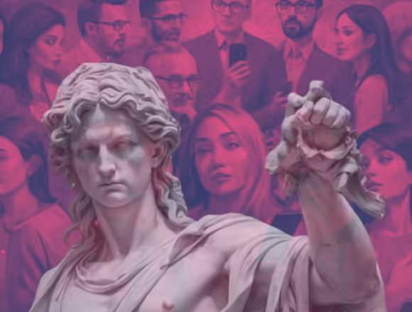 The Intersection of Technology, Society, and Classical Ideals in Modern Democracy A classical statue juxtaposed with modern professionals, symbolizing the relationship between technology, democracy, and society