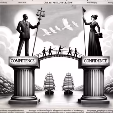 creative illustration in the style of a financial newspaper drawing, conveying the Understanding the Competence-Confidence Nexus: Strategies for Effective Leadership