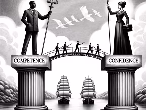 creative illustration in the style of a financial newspaper drawing, conveying the Understanding the Competence-Confidence Nexus: Strategies for Effective Leadership creative illustration in the style of a financial newspaper drawing, conveying the Understanding the Competence-Confidence Nexus: Strategies for Effective Leadership