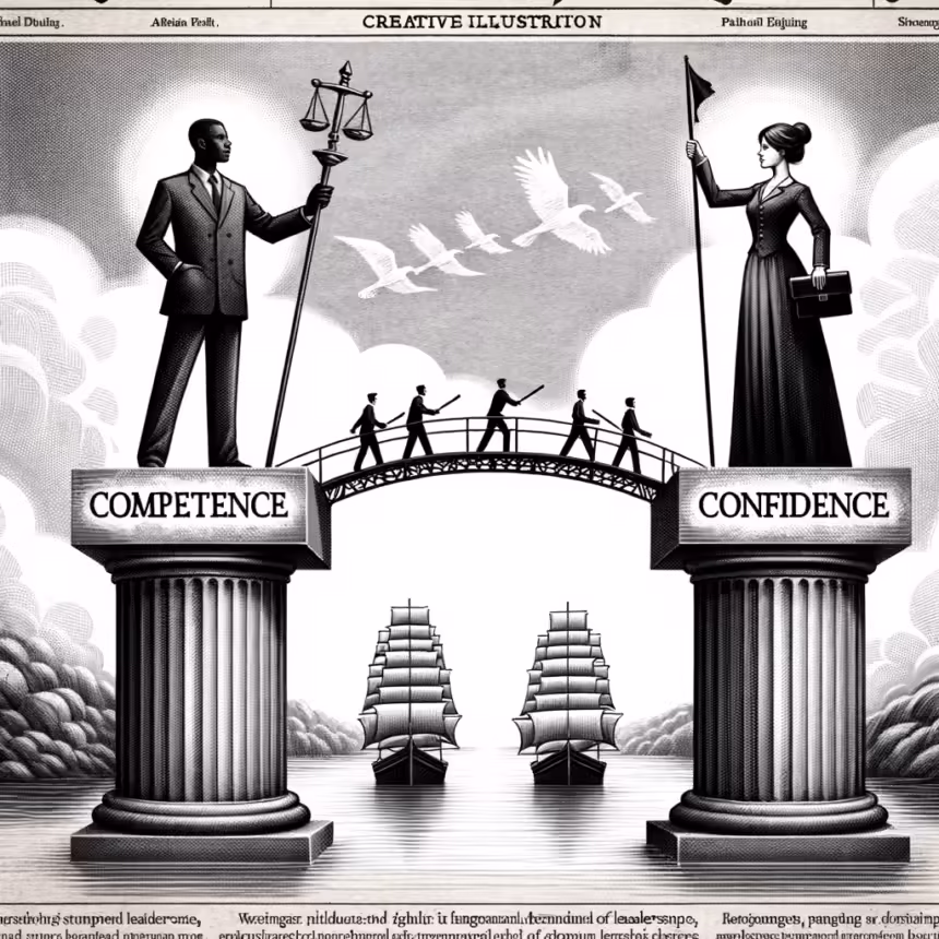 creative illustration in the style of a financial newspaper drawing, conveying the Understanding the Competence-Confidence Nexus: Strategies for Effective Leadership